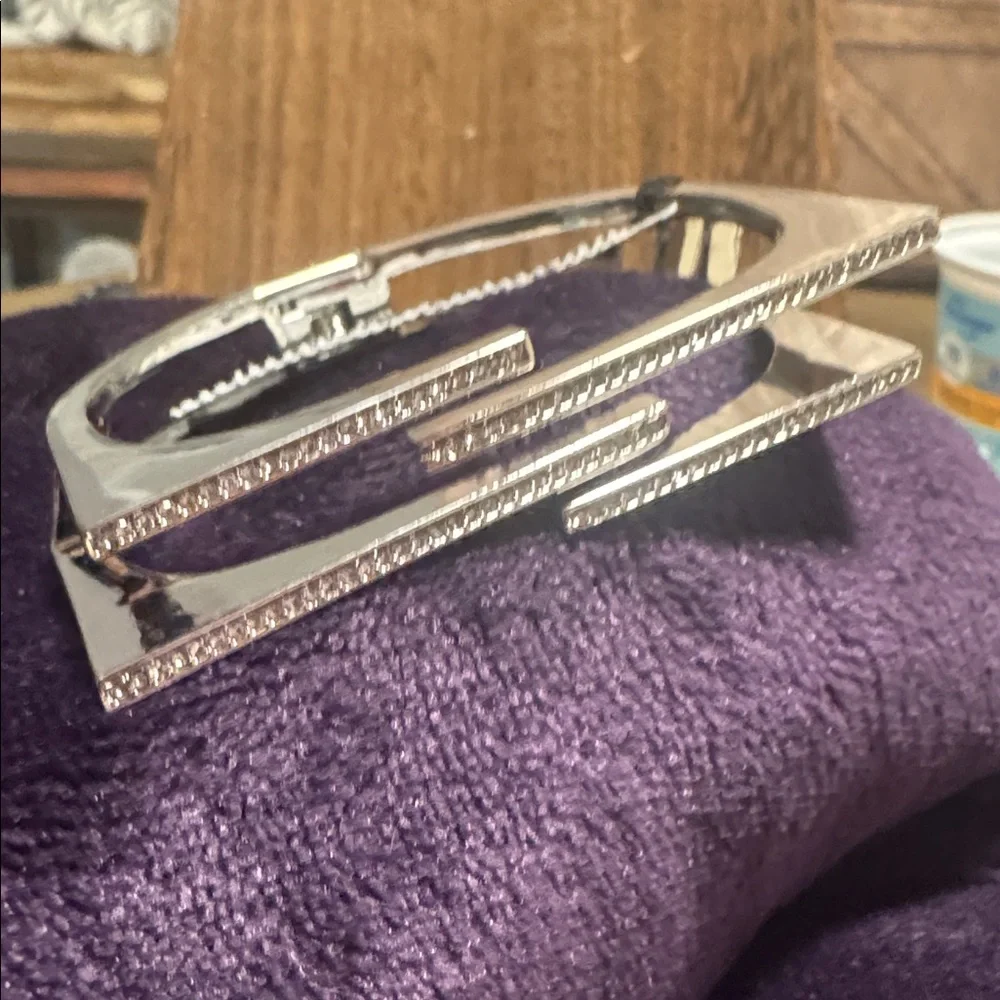 Express Silver Tone Rhinestone Geometric Cuff Bracelet. (BR555) - Picture 4 of 9
